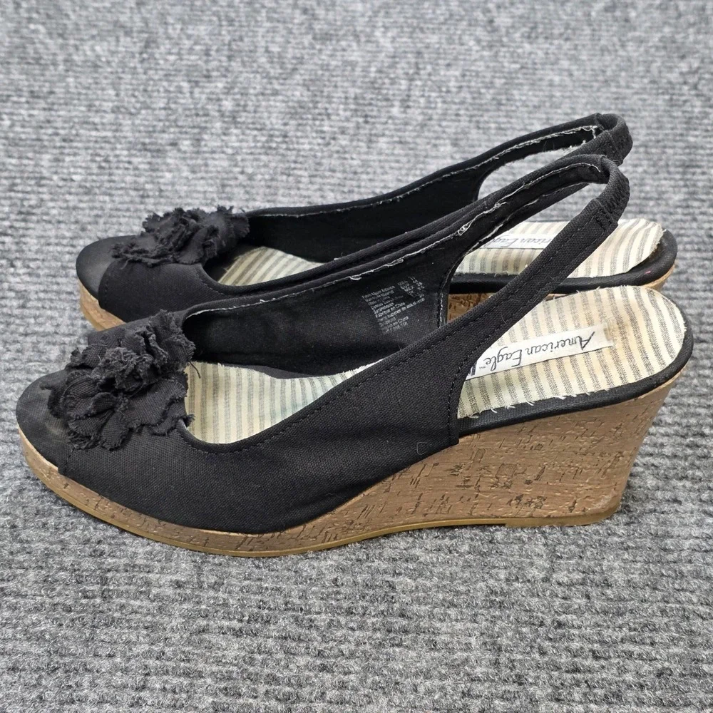 American Eagle Floral Cork Wedges Womens Size 11 Black Canvas Peep Toe Slingback